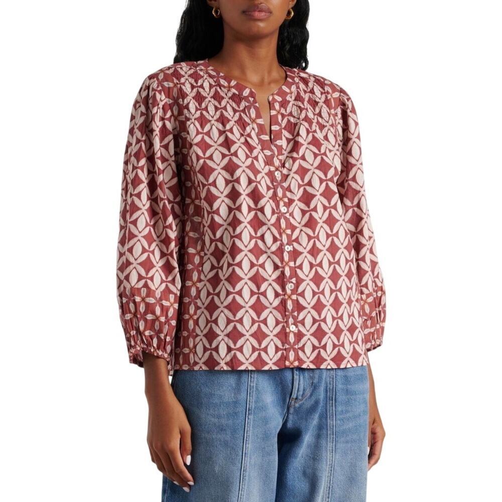 Velvet Haddon Printed Cotton Blouse in Burgundy size XL
